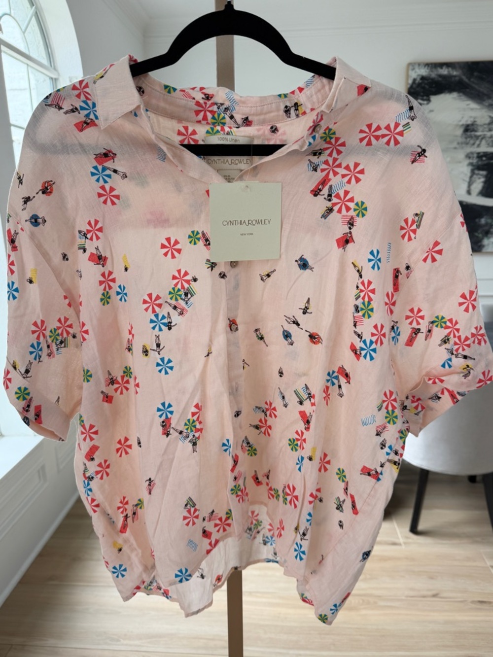 Cynthia Rowley Pale Pink Cotton Beach Umbrella Print Top